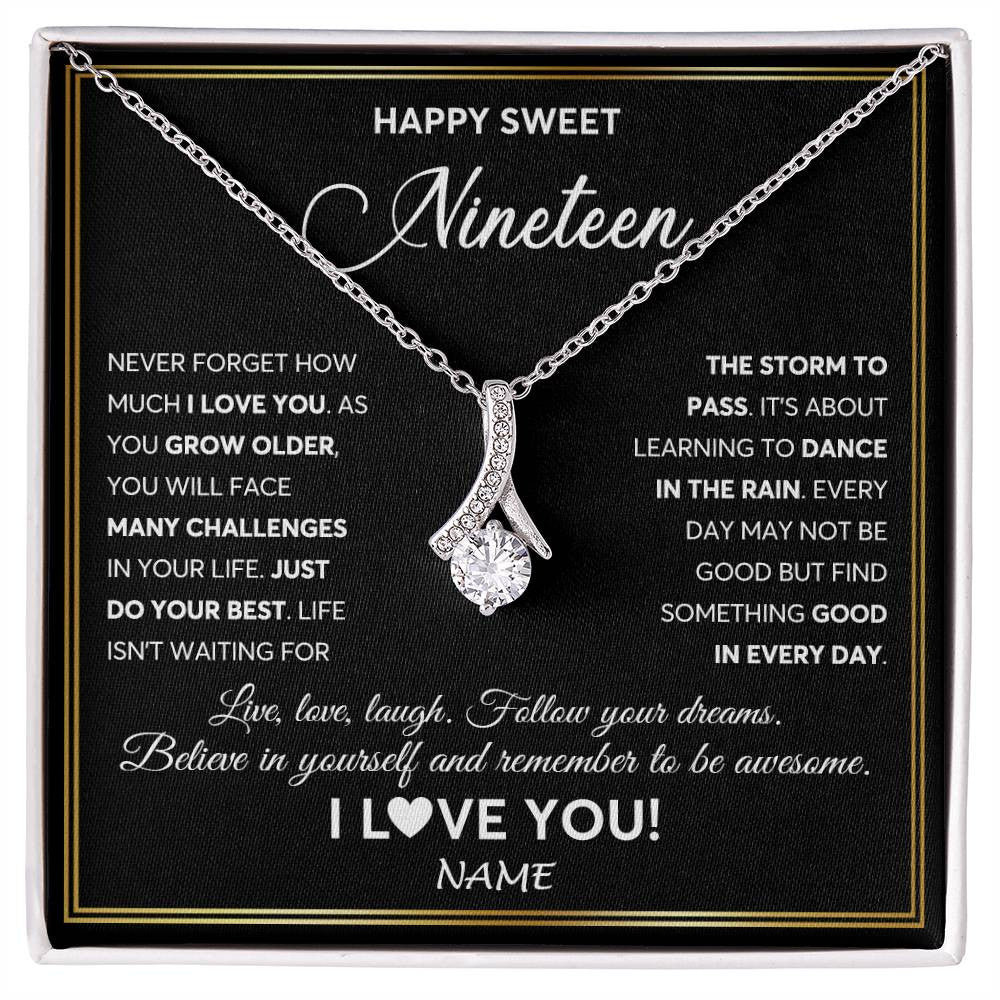 Alluring Beauty Necklace 14K White Gold Finish | Personalized Happy Sweet Nineteen Necklace Sweet 19 Gifts For Girls Birthday Jewelry 19 Nineteen Old Niece Daughter From Mom Dad Customized Gift Box Message Card | teecentury