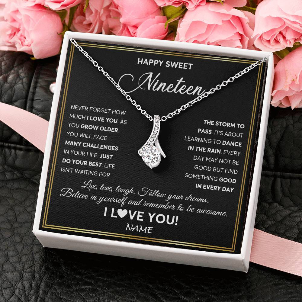 Alluring Beauty Necklace 14K White Gold Finish | Personalized Happy Sweet Nineteen Necklace Sweet 19 Gifts For Girls Birthday Jewelry 19 Nineteen Old Niece Daughter From Mom Dad Customized Gift Box Message Card | teecentury