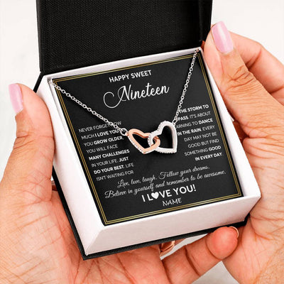 Interlocking Hearts Necklace Stainless Steel & Rose Gold Finish | Personalized Happy Sweet Nineteen Necklace Sweet 19 Gifts For Girls Birthday Jewelry 19 Nineteen Old Niece Daughter From Mom Dad Customized Gift Box Message Card | teecentury