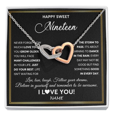 Interlocking Hearts Necklace Stainless Steel & Rose Gold Finish | Personalized Happy Sweet Nineteen Necklace Sweet 19 Gifts For Girls Birthday Jewelry 19 Nineteen Old Niece Daughter From Mom Dad Customized Gift Box Message Card | teecentury