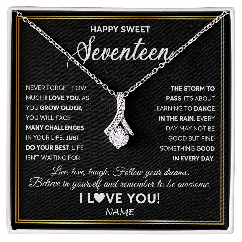Alluring Beauty Necklace 14K White Gold Finish | Personalized Happy Sweet Seventeen Necklace Sweet 17 Gifts For Girls Birthday Jewelry 17 Seventeen Old Niece Daughter From Mom Dad Customized Gift Box Message Card | teecentury