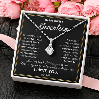 Alluring Beauty Necklace 14K White Gold Finish | Personalized Happy Sweet Seventeen Necklace Sweet 17 Gifts For Girls Birthday Jewelry 17 Seventeen Old Niece Daughter From Mom Dad Customized Gift Box Message Card | teecentury