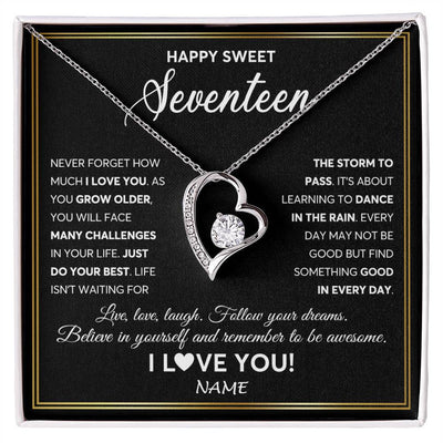 Forever Love Necklace 14K White Gold Finish | Personalized Happy Sweet Seventeen Necklace Sweet 17 Gifts For Girls Birthday Jewelry 17 Seventeen Old Niece Daughter From Mom Dad Customized Gift Box Message Card | teecentury