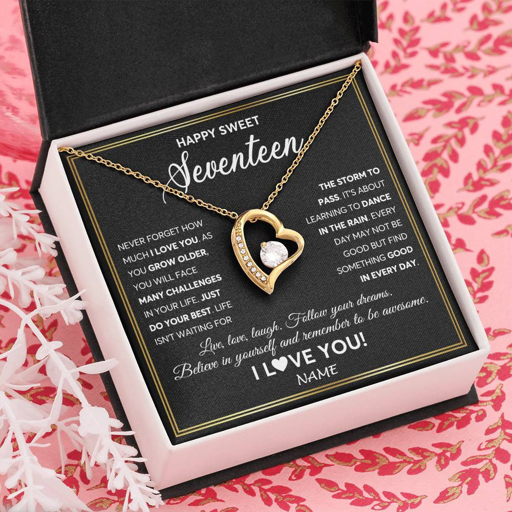 Forever Love Necklace 18K Yellow Gold Finish | Personalized Happy Sweet Seventeen Necklace Sweet 17 Gifts For Girls Birthday Jewelry 17 Seventeen Old Niece Daughter From Mom Dad Customized Gift Box Message Card | teecentury