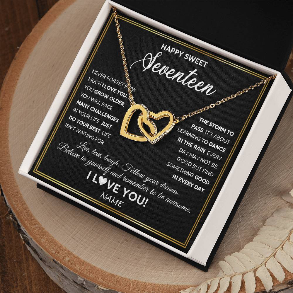 Interlocking Hearts Necklace 18K Yellow Gold Finish | Personalized Happy Sweet Seventeen Necklace Sweet 17 Gifts For Girls Birthday Jewelry 17 Seventeen Old Niece Daughter From Mom Dad Customized Gift Box Message Card | teecentury