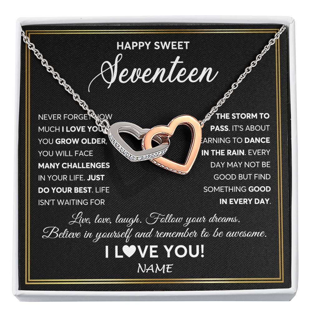 Interlocking Hearts Necklace Stainless Steel & Rose Gold Finish | Personalized Happy Sweet Seventeen Necklace Sweet 17 Gifts For Girls Birthday Jewelry 17 Seventeen Old Niece Daughter From Mom Dad Customized Gift Box Message Card | teecentury