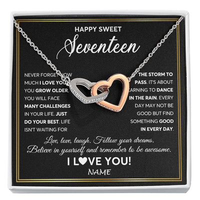 Interlocking Hearts Necklace Stainless Steel & Rose Gold Finish | Personalized Happy Sweet Seventeen Necklace Sweet 17 Gifts For Girls Birthday Jewelry 17 Seventeen Old Niece Daughter From Mom Dad Customized Gift Box Message Card | teecentury