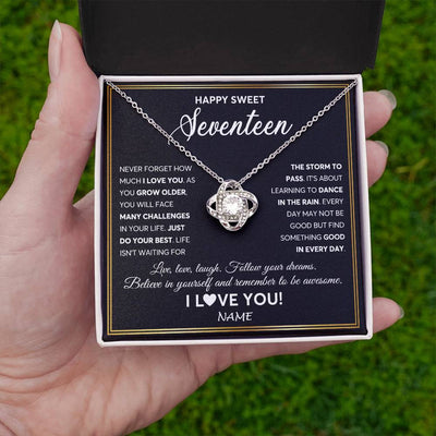 Love Knot Necklace 14K White Gold Finish | Personalized Happy Sweet Seventeen Necklace Sweet 17 Gifts For Girls Birthday Jewelry 17 Seventeen Old Niece Daughter From Mom Dad Customized Gift Box Message Card | teecentury