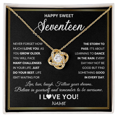 Love Knot Necklace 18K Yellow Gold Finish | Personalized Happy Sweet Seventeen Necklace Sweet 17 Gifts For Girls Birthday Jewelry 17 Seventeen Old Niece Daughter From Mom Dad Customized Gift Box Message Card | teecentury