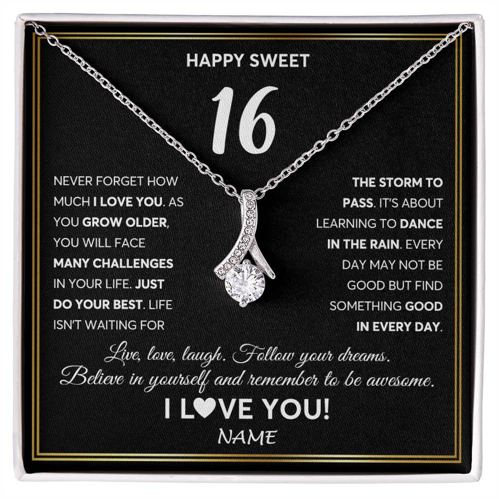 Alluring Beauty Necklace 14K White Gold Finish | Personalized Happy Sweet Sixteen Necklace Sweet 16 Gifts For Girls Birthday Jewelry 16 Sixteen Old Niece Daughter From Mom Dad Customized Gift Box Message Card | teecentury