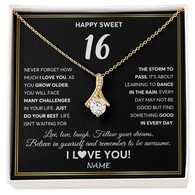 Alluring Beauty Necklace 18K Yellow Gold Finish | Personalized Happy Sweet Sixteen Necklace Sweet 16 Gifts For Girls Birthday Jewelry 16 Sixteen Old Niece Daughter From Mom Dad Customized Gift Box Message Card | teecentury