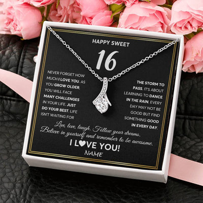 Alluring Beauty Necklace 14K White Gold Finish | Personalized Happy Sweet Sixteen Necklace Sweet 16 Gifts For Girls Birthday Jewelry 16 Sixteen Old Niece Daughter From Mom Dad Customized Gift Box Message Card | teecentury