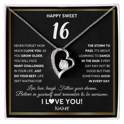 Forever Love Necklace 14K White Gold Finish | Personalized Happy Sweet Sixteen Necklace Sweet 16 Gifts For Girls Birthday Jewelry 16 Sixteen Old Niece Daughter From Mom Dad Customized Gift Box Message Card | teecentury