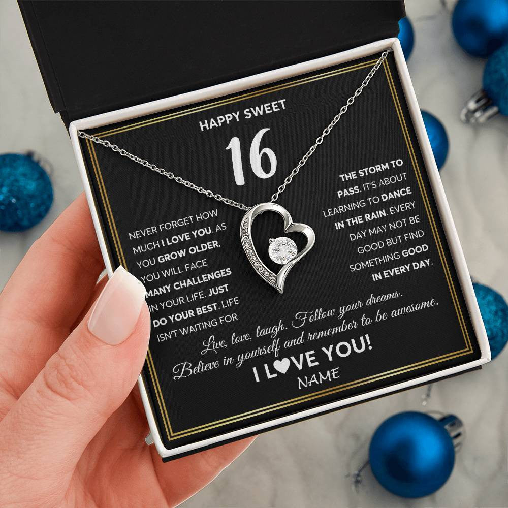 Forever Love Necklace 14K White Gold Finish | Personalized Happy Sweet Sixteen Necklace Sweet 16 Gifts For Girls Birthday Jewelry 16 Sixteen Old Niece Daughter From Mom Dad Customized Gift Box Message Card | teecentury