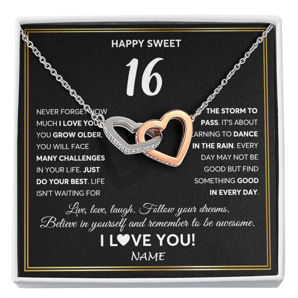 Interlocking Hearts Necklace Stainless Steel & Rose Gold Finish | Personalized Happy Sweet Sixteen Necklace Sweet 16 Gifts For Girls Birthday Jewelry 16 Sixteen Old Niece Daughter From Mom Dad Customized Gift Box Message Card | teecentury