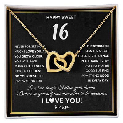 Interlocking Hearts Necklace 18K Yellow Gold Finish | Personalized Happy Sweet Sixteen Necklace Sweet 16 Gifts For Girls Birthday Jewelry 16 Sixteen Old Niece Daughter From Mom Dad Customized Gift Box Message Card | teecentury