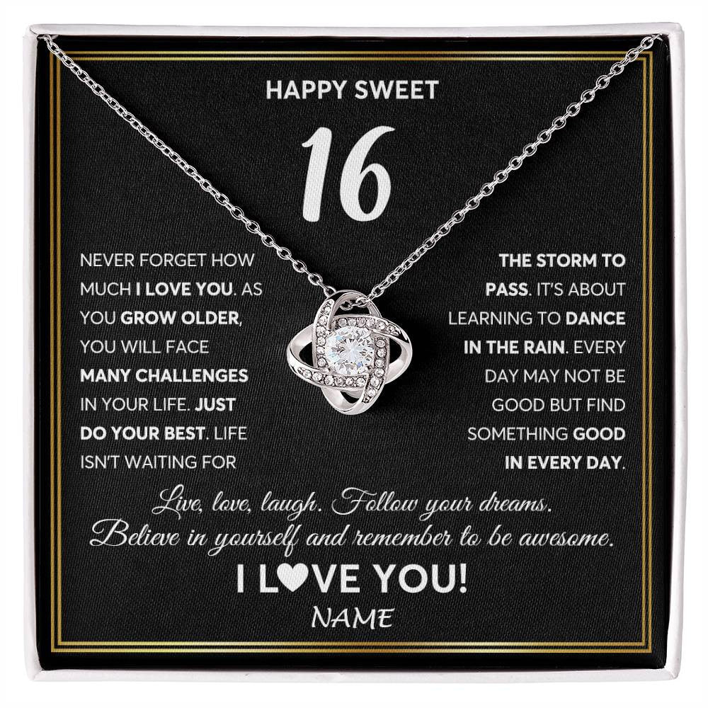 Love Knot Necklace 14K White Gold Finish | Personalized Happy Sweet Sixteen Necklace Sweet 16 Gifts For Girls Birthday Jewelry 16 Sixteen Old Niece Daughter From Mom Dad Customized Gift Box Message Card | teecentury