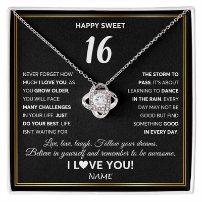 Love Knot Necklace 14K White Gold Finish | Personalized Happy Sweet Sixteen Necklace Sweet 16 Gifts For Girls Birthday Jewelry 16 Sixteen Old Niece Daughter From Mom Dad Customized Gift Box Message Card | teecentury