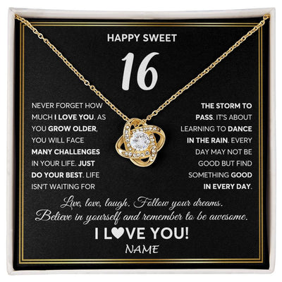 Love Knot Necklace 18K Yellow Gold Finish | Personalized Happy Sweet Sixteen Necklace Sweet 16 Gifts For Girls Birthday Jewelry 16 Sixteen Old Niece Daughter From Mom Dad Customized Gift Box Message Card | teecentury