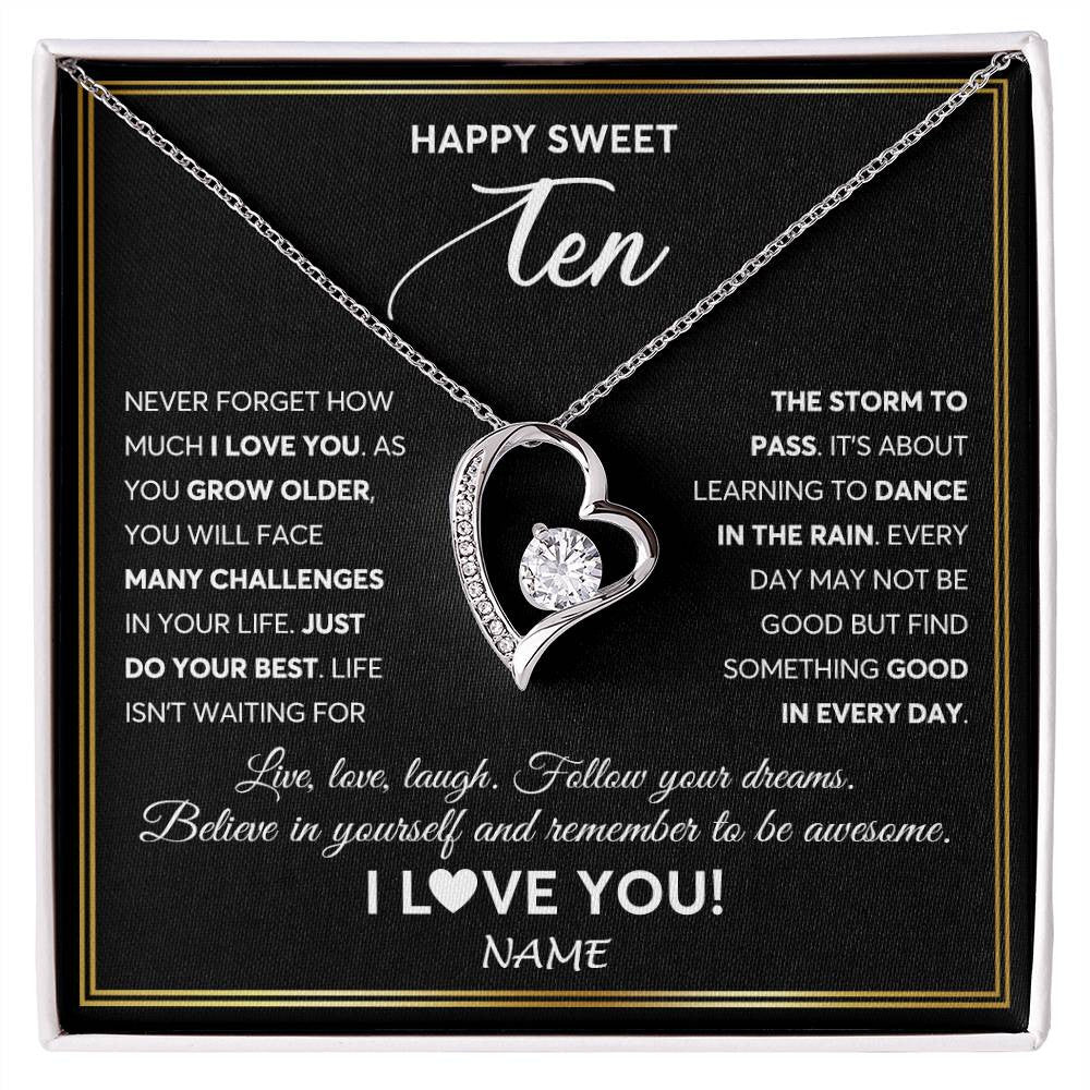 Forever Love Necklace 14K White Gold Finish | Personalized Happy Sweet Ten Necklace Sweet 10 Gifts For Girls Birthday Jewelry 10 Ten Old Niece Daughter From Mom Dad Customized Gift Box Message Card | teecentury