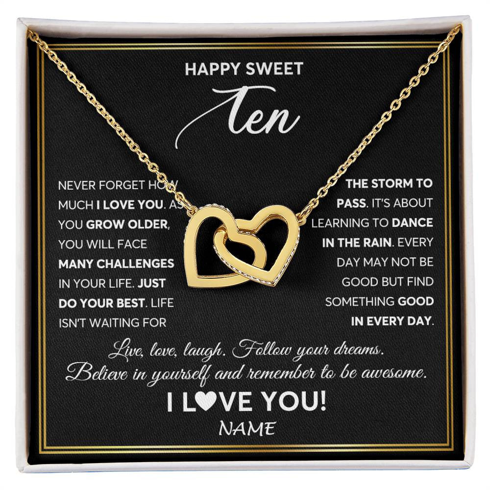 Interlocking Hearts Necklace 18K Yellow Gold Finish | Personalized Happy Sweet Ten Necklace Sweet 10 Gifts For Girls Birthday Jewelry 10 Ten Old Niece Daughter From Mom Dad Customized Gift Box Message Card | teecentury