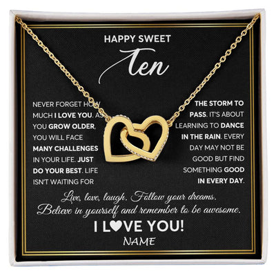 Interlocking Hearts Necklace 18K Yellow Gold Finish | Personalized Happy Sweet Ten Necklace Sweet 10 Gifts For Girls Birthday Jewelry 10 Ten Old Niece Daughter From Mom Dad Customized Gift Box Message Card | teecentury
