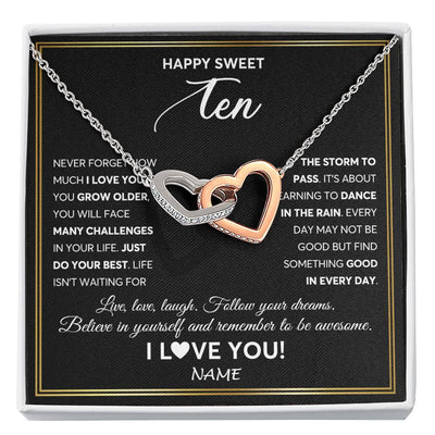 Interlocking Hearts Necklace Stainless Steel & Rose Gold Finish | Personalized Happy Sweet Ten Necklace Sweet 10 Gifts For Girls Birthday Jewelry 10 Ten Old Niece Daughter From Mom Dad Customized Gift Box Message Card | teecentury