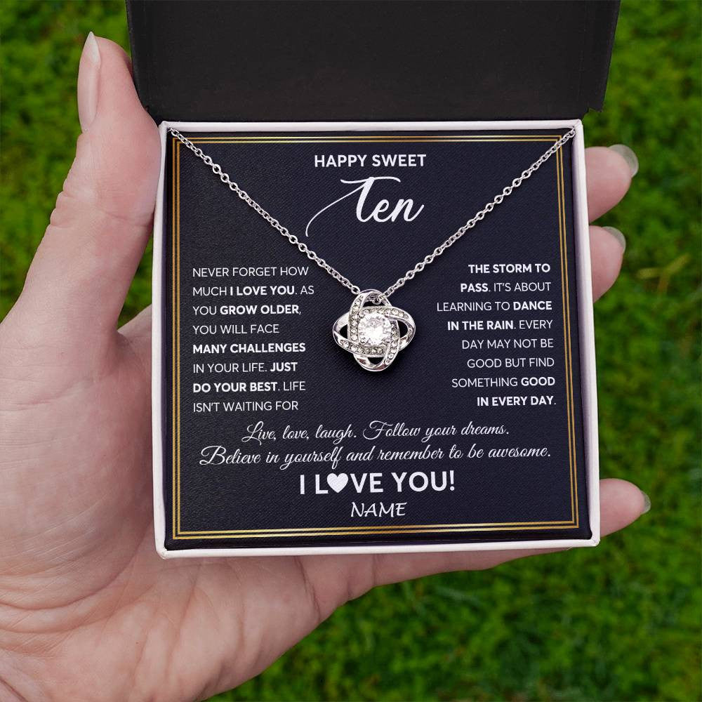 Love Knot Necklace 14K White Gold Finish | Personalized Happy Sweet Ten Necklace Sweet 10 Gifts For Girls Birthday Jewelry 10 Ten Old Niece Daughter From Mom Dad Customized Gift Box Message Card | teecentury