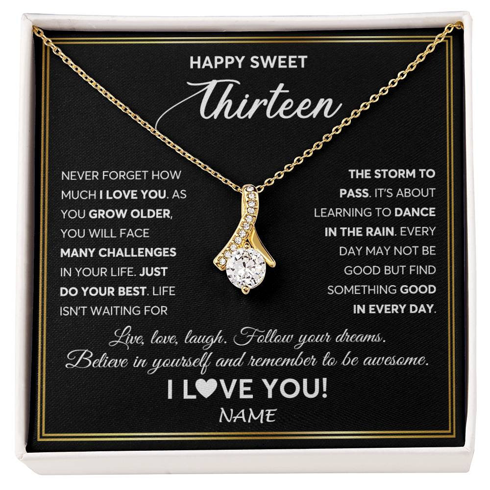 Alluring Beauty Necklace 18K Yellow Gold Finish | Personalized Happy Sweet Thirteen Necklace Sweet 13 Gifts For Girls Birthday Jewelry 13 Thirteen Old Niece Daughter From Mom Dad Customized Gift Box Message Card | teecentury