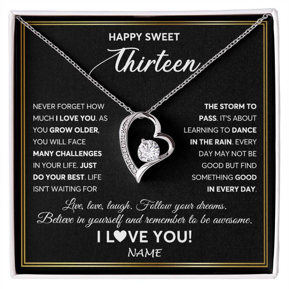 Forever Love Necklace 14K White Gold Finish | Personalized Happy Sweet Thirteen Necklace Sweet 13 Gifts For Girls Birthday Jewelry 13 Thirteen Old Niece Daughter From Mom Dad Customized Gift Box Message Card | teecentury