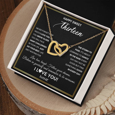 Interlocking Hearts Necklace 18K Yellow Gold Finish | Personalized Happy Sweet Thirteen Necklace Sweet 13 Gifts For Girls Birthday Jewelry 13 Thirteen Old Niece Daughter From Mom Dad Customized Gift Box Message Card | teecentury