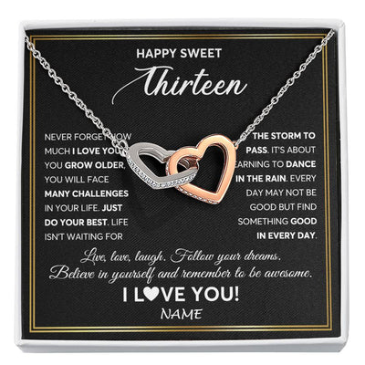 Interlocking Hearts Necklace Stainless Steel & Rose Gold Finish | Personalized Happy Sweet Thirteen Necklace Sweet 13 Gifts For Girls Birthday Jewelry 13 Thirteen Old Niece Daughter From Mom Dad Customized Gift Box Message Card | teecentury