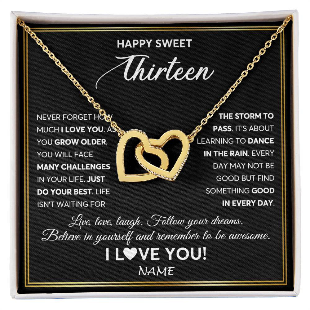 Interlocking Hearts Necklace 18K Yellow Gold Finish | Personalized Happy Sweet Thirteen Necklace Sweet 13 Gifts For Girls Birthday Jewelry 13 Thirteen Old Niece Daughter From Mom Dad Customized Gift Box Message Card | teecentury