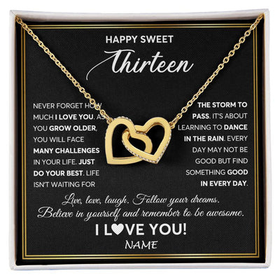 Interlocking Hearts Necklace 18K Yellow Gold Finish | Personalized Happy Sweet Thirteen Necklace Sweet 13 Gifts For Girls Birthday Jewelry 13 Thirteen Old Niece Daughter From Mom Dad Customized Gift Box Message Card | teecentury