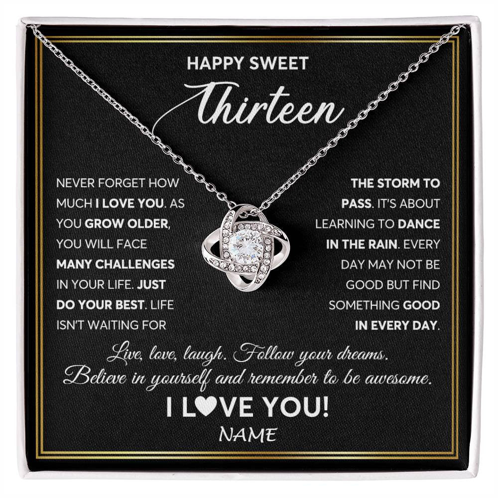 Love Knot Necklace 14K White Gold Finish | Personalized Happy Sweet Thirteen Necklace Sweet 13 Gifts For Girls Birthday Jewelry 13 Thirteen Old Niece Daughter From Mom Dad Customized Gift Box Message Card | teecentury