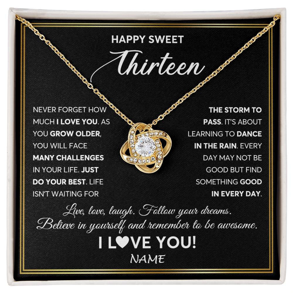 Love Knot Necklace 18K Yellow Gold Finish | Personalized Happy Sweet Thirteen Necklace Sweet 13 Gifts For Girls Birthday Jewelry 13 Thirteen Old Niece Daughter From Mom Dad Customized Gift Box Message Card | teecentury