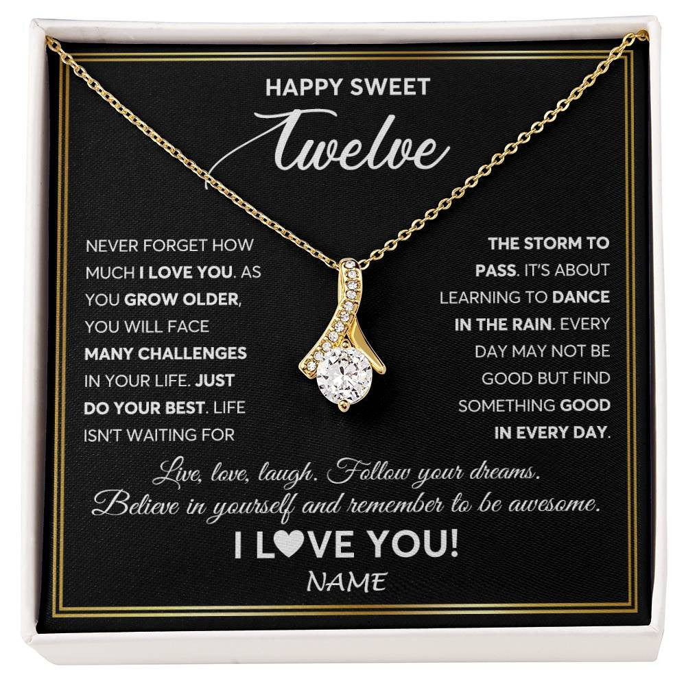 Alluring Beauty Necklace 18K Yellow Gold Finish | Personalized Happy Sweet Twelve Necklace Sweet 12 Gifts For Girls Birthday Jewelry 12 Twelve Old Niece Daughter From Mom Dad Customized Gift Box Message Card | teecentury