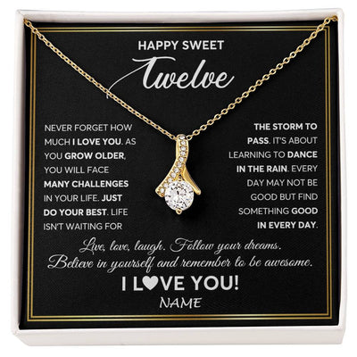 Alluring Beauty Necklace 18K Yellow Gold Finish | Personalized Happy Sweet Twelve Necklace Sweet 12 Gifts For Girls Birthday Jewelry 12 Twelve Old Niece Daughter From Mom Dad Customized Gift Box Message Card | teecentury