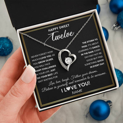 Forever Love Necklace 14K White Gold Finish | Personalized Happy Sweet Twelve Necklace Sweet 12 Gifts For Girls Birthday Jewelry 12 Twelve Old Niece Daughter From Mom Dad Customized Gift Box Message Card | teecentury