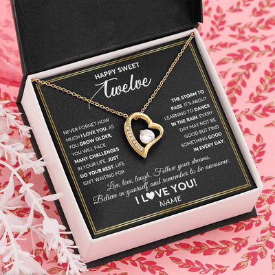 Forever Love Necklace 18K Yellow Gold Finish | Personalized Happy Sweet Twelve Necklace Sweet 12 Gifts For Girls Birthday Jewelry 12 Twelve Old Niece Daughter From Mom Dad Customized Gift Box Message Card | teecentury