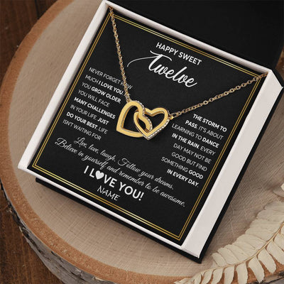 Interlocking Hearts Necklace 18K Yellow Gold Finish | Personalized Happy Sweet Twelve Necklace Sweet 12 Gifts For Girls Birthday Jewelry 12 Twelve Old Niece Daughter From Mom Dad Customized Gift Box Message Card | teecentury