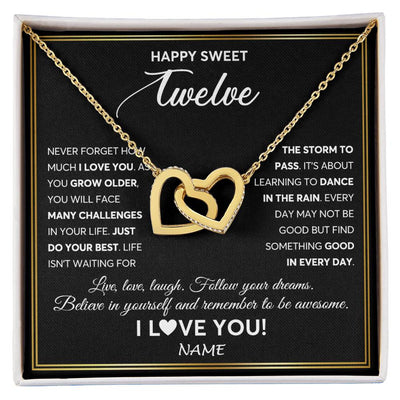 Interlocking Hearts Necklace 18K Yellow Gold Finish | Personalized Happy Sweet Twelve Necklace Sweet 12 Gifts For Girls Birthday Jewelry 12 Twelve Old Niece Daughter From Mom Dad Customized Gift Box Message Card | teecentury
