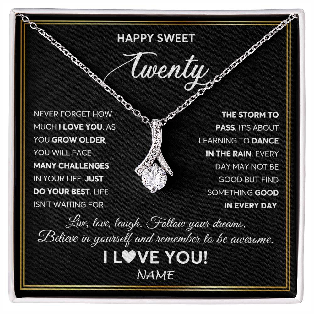Alluring Beauty Necklace 14K White Gold Finish | Personalized Happy Sweet Twenty Necklace Sweet 20 Gifts For Girls Birthday Jewelry 20 Twenty Old Niece Daughter From Mom Dad Customized Gift Box Message Card | teecentury