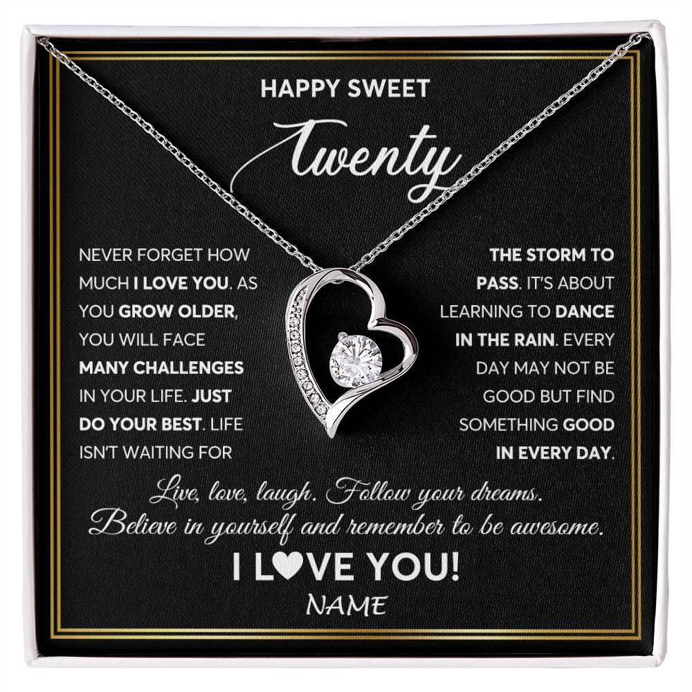 Forever Love Necklace 14K White Gold Finish | Personalized Happy Sweet Twenty Necklace Sweet 20 Gifts For Girls Birthday Jewelry 20 Twenty Old Niece Daughter From Mom Dad Customized Gift Box Message Card | teecentury