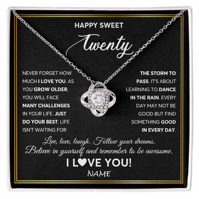 Love Knot Necklace 14K White Gold Finish | Personalized Happy Sweet Twenty Necklace Sweet 20 Gifts For Girls Birthday Jewelry 20 Twenty Old Niece Daughter From Mom Dad Customized Gift Box Message Card | teecentury