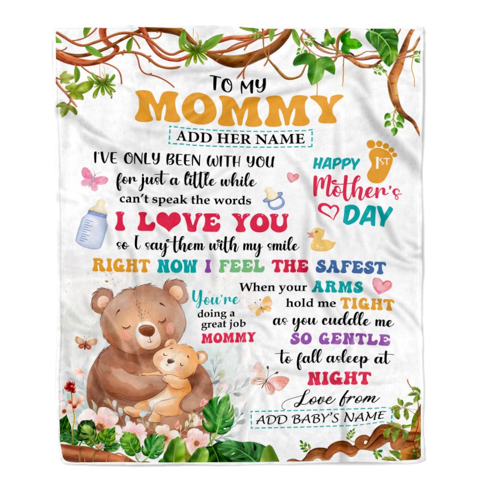 Personalized Hi Mommy From Baby Bump Blanket Cute Bear Custom Baby's Name Happy First Time 1st Mother's Day For New Mom Customized Bed Fleece Blanket | teecentury