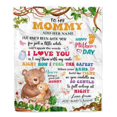 Personalized Hi Mommy From Baby Bump Blanket Cute Bear Custom Baby's Name Happy First Time 1st Mother's Day For New Mom Customized Bed Fleece Blanket | teecentury