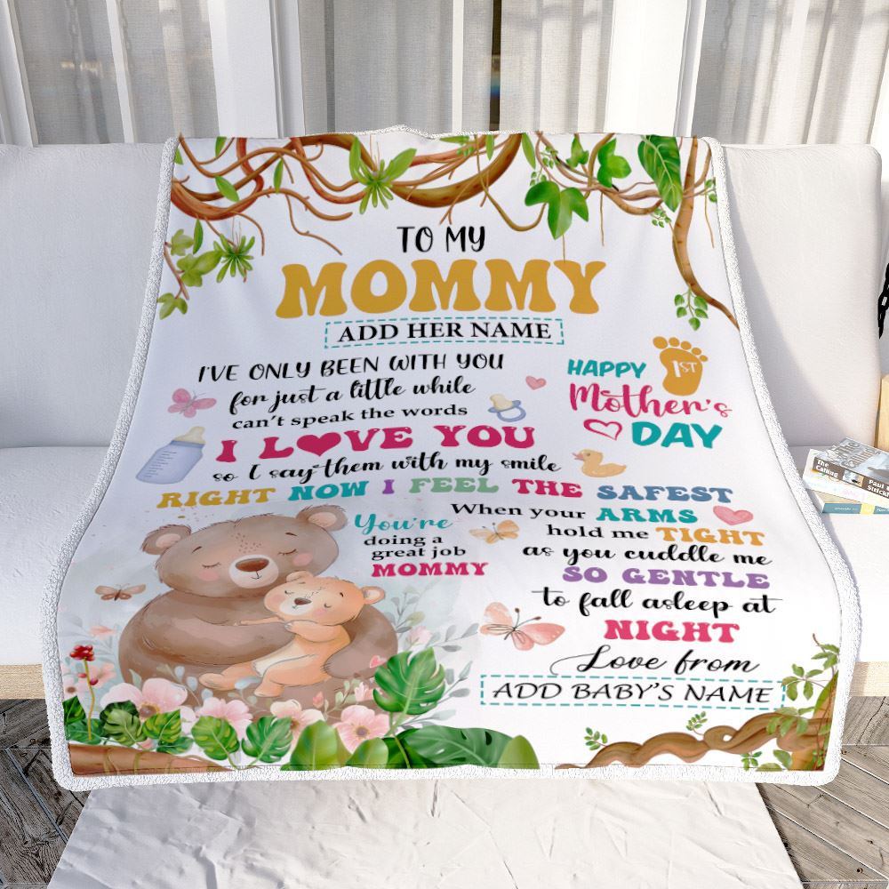 Personalized Hi Mommy From Baby Bump Blanket Cute Bear Custom Baby's Name Happy First Time 1st Mother's Day For New Mom Customized Bed Fleece Blanket | teecentury