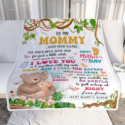 Personalized Hi Mommy From Baby Bump Blanket Cute Bear Custom Baby's Name Happy First Time 1st Mother's Day For New Mom Customized Bed Fleece Blanket | teecentury