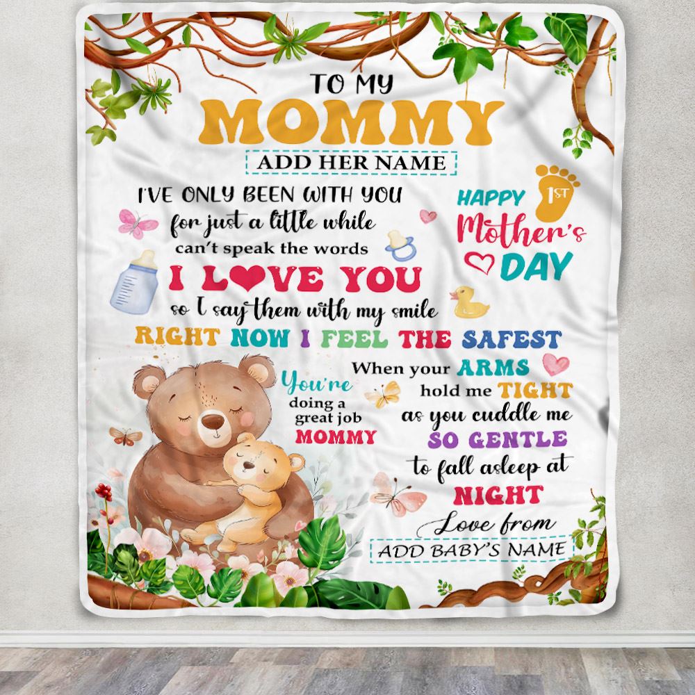 Personalized Hi Mommy From Baby Bump Blanket Cute Bear Custom Baby's Name Happy First Time 1st Mother's Day For New Mom Customized Bed Fleece Blanket | teecentury